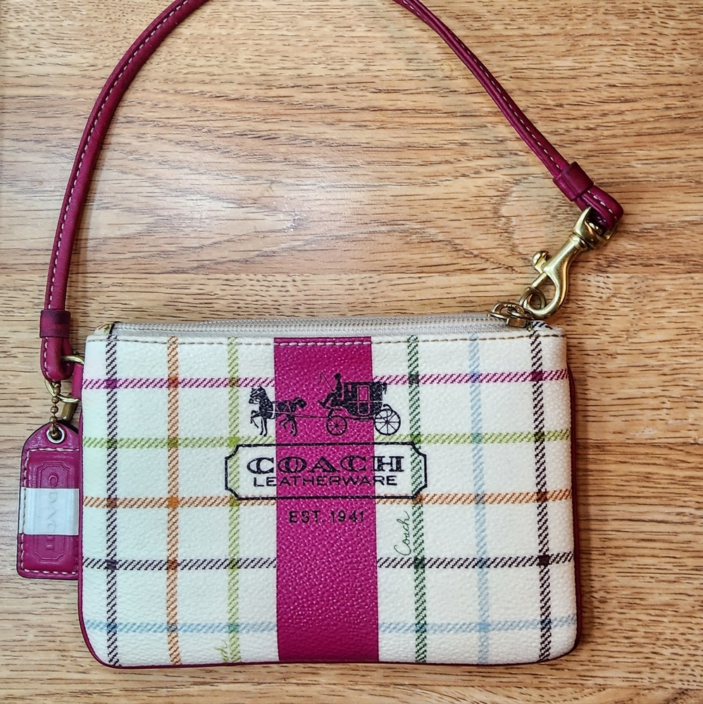 Coach Heritage Tatterersall Pink Stripe Wristlet with Zip and Strap